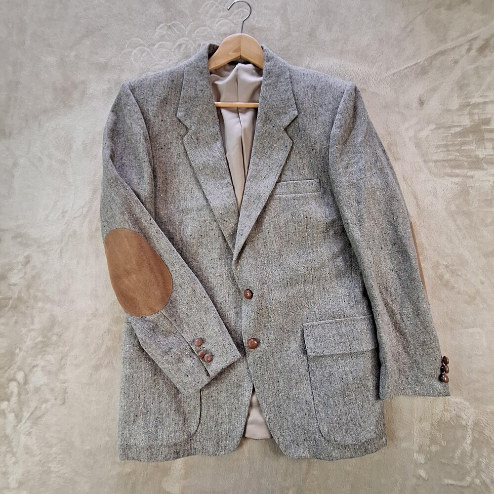 Farah Sport Coat Mens 40R Gray Wool Tweed 2 Button Single Vent Suede Elbows